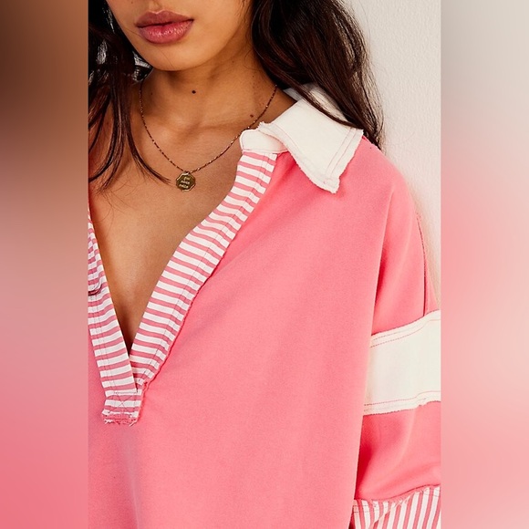 We The Free People Clean Prep Nautical Striped Collared Pullover Sweatshirt | L - Picture 3 of 12